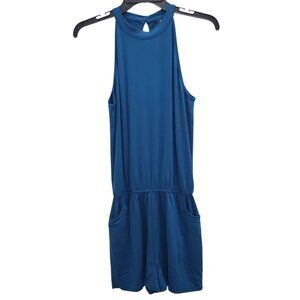 Merokeety Women's Blue Knit Drop Waist Keyhole Halter Neck‎ Sleeveless Romper M